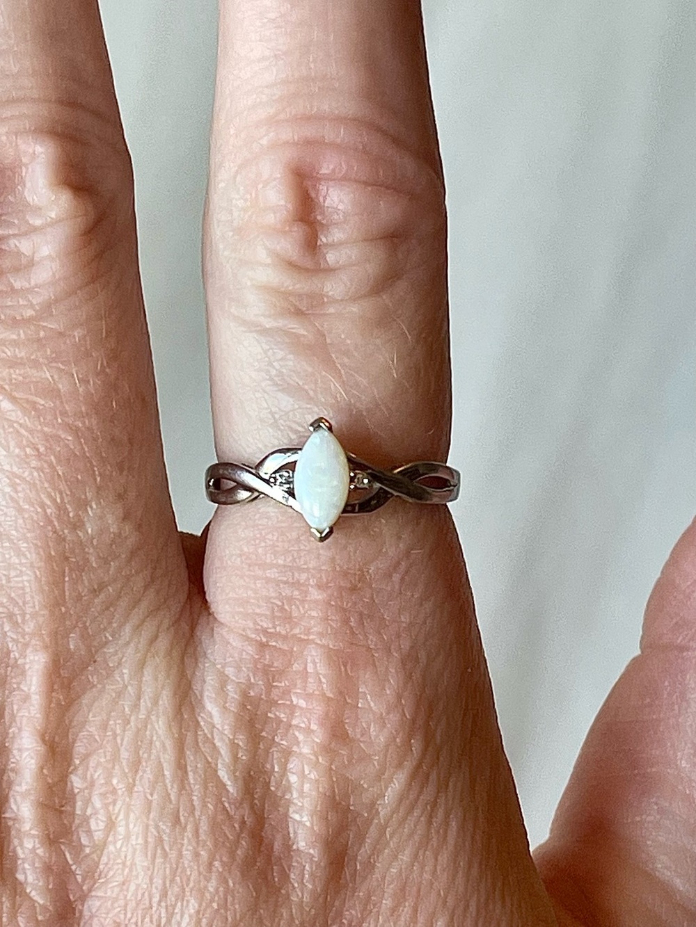 10K White Gold Opal Marquise Twist Band Ring